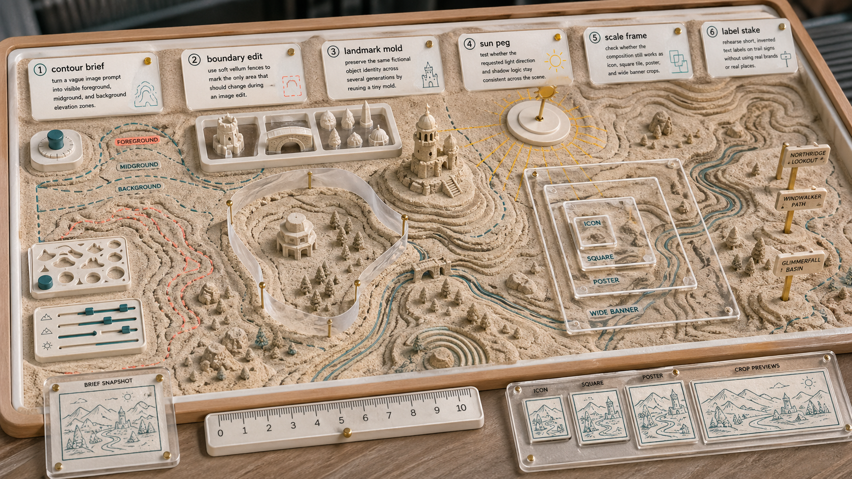 GPT Image 2 topographic kinetic sand table with contour brief, boundary edit, landmark mold, sun peg, scale frame, and label stake tools