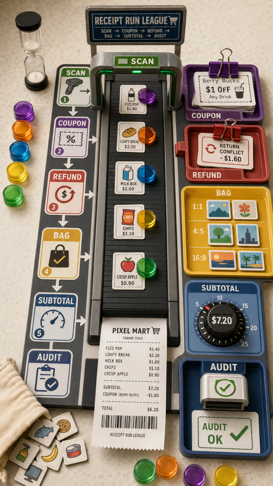 Vertical checkout conveyor board game with scan gate, coupon tray, refund tray, aspect-ratio bagging area, subtotal dial, and audit stamp