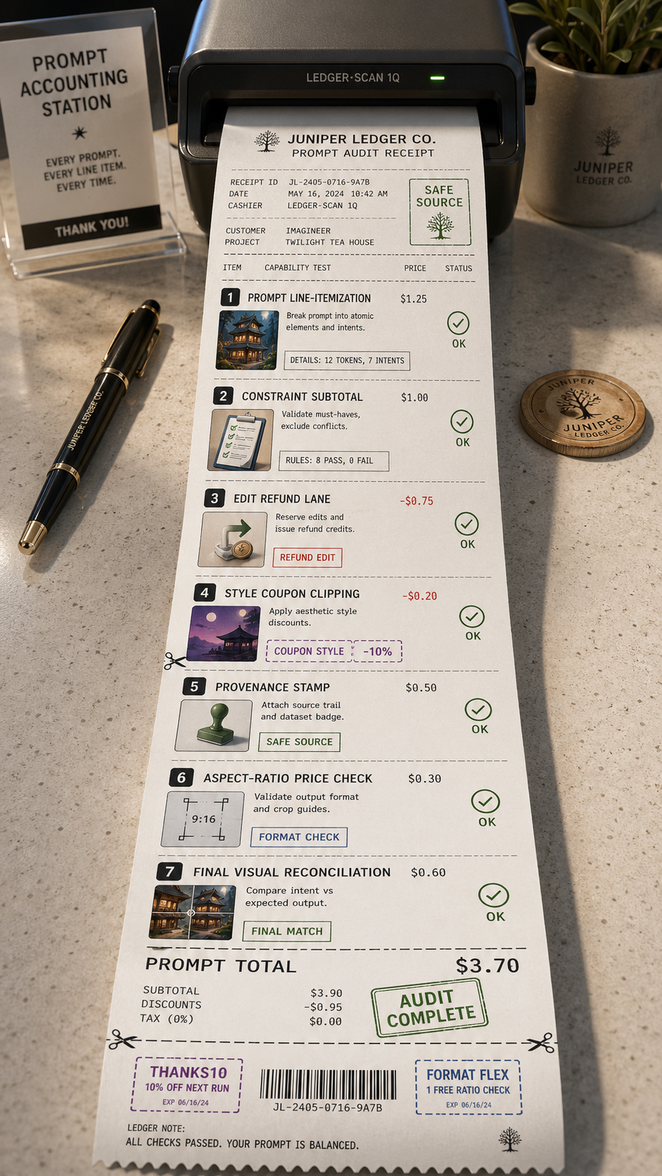 Tall fictional prompt accounting receipt with line items, coupons, safe-source stamp, format check, and final audit total