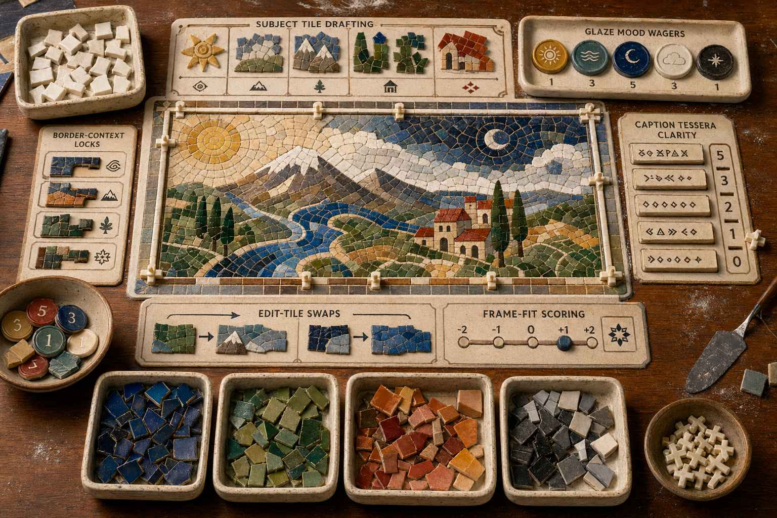 A panoramic tabletop mosaic strategy game with ceramic tiles, grout routes, glaze tokens, and frame-fit scoring for GPT Image 2 play.