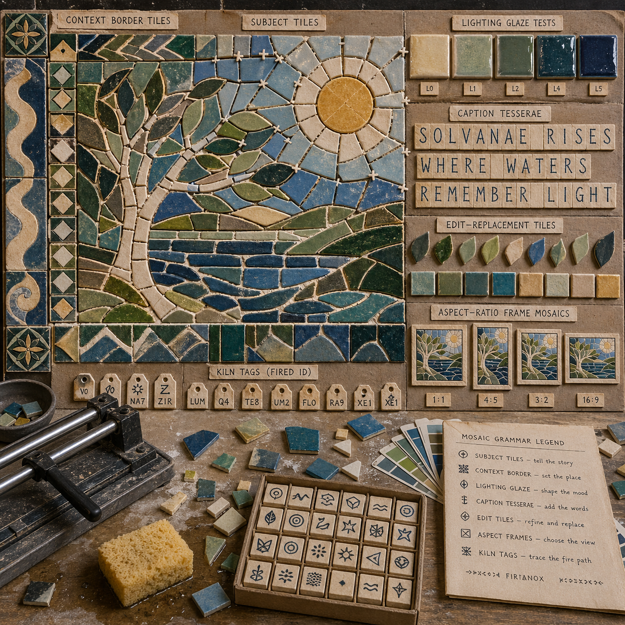 A square ceramic mosaic workshop showing GPT Image 2 prompt grammar with subject tiles, border context, glaze tests, and aspect frames.
