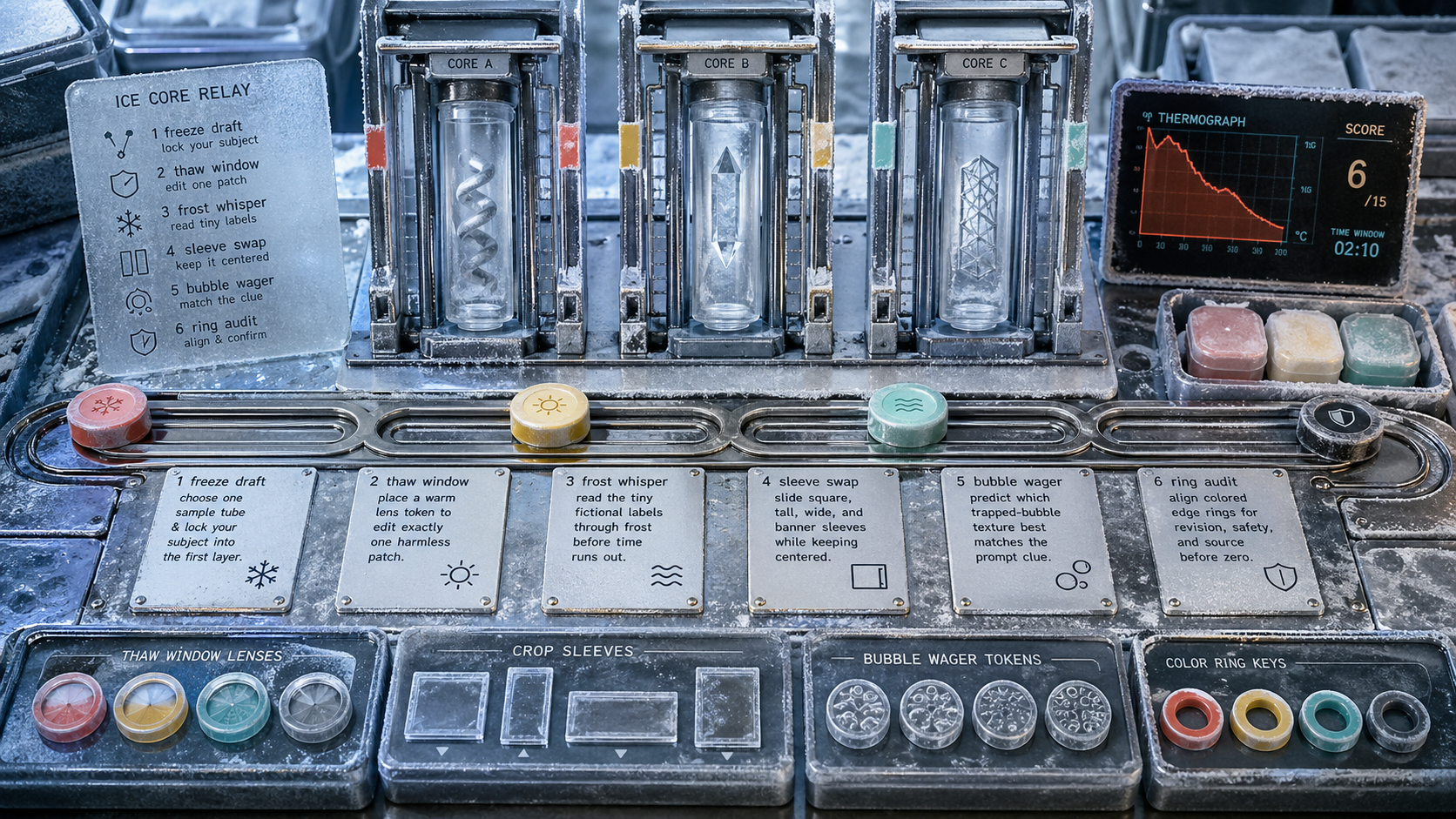 A frosted lab-bench relay challenge with ice-core racks, thaw-window lenses, crop sleeves, bubble wagers, ring audits, and a score thermograph.
