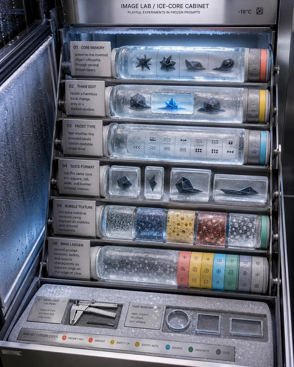 An open cold-storage cabinet of transparent ice-core specimens for GPT Image use cases including core memory, thaw edit, frost type, slice format, bubble texture, and ring ledger.