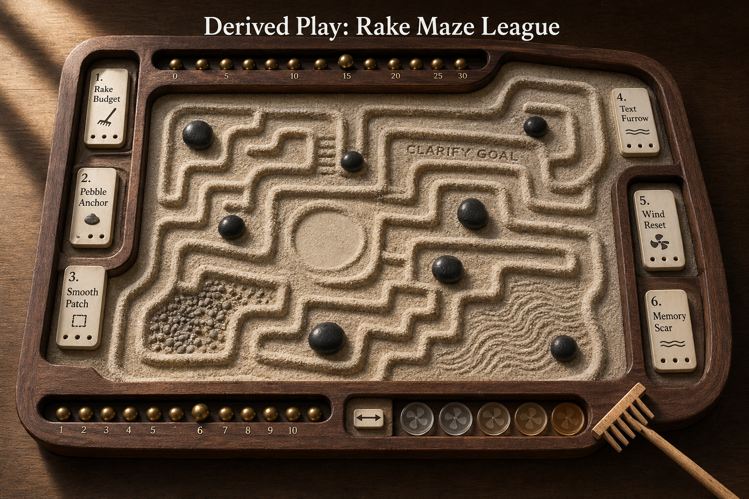 Overhead sand tray maze game with rake budget, pebble anchors, smooth patch edit zone, and memory scar rules