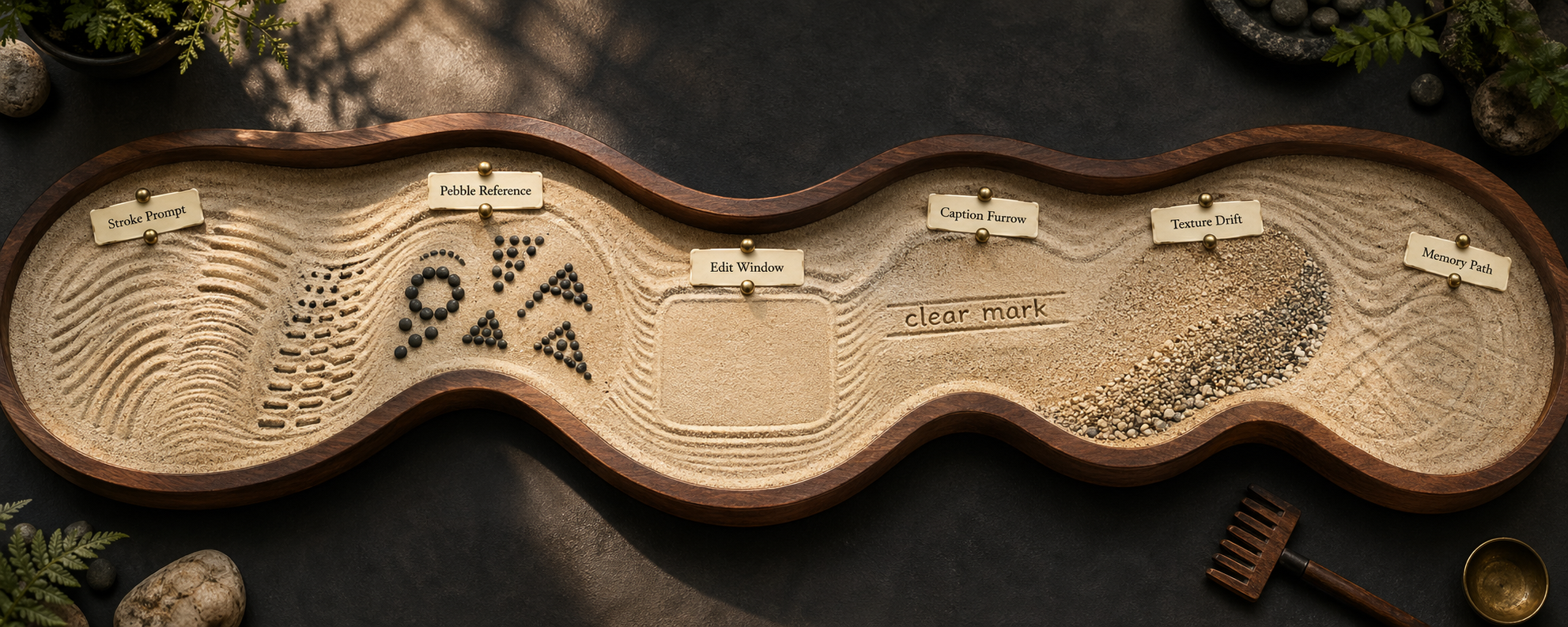 Overhead S-shaped tabletop sand scroll showing GPT Image prompt raking use cases along one continuous path