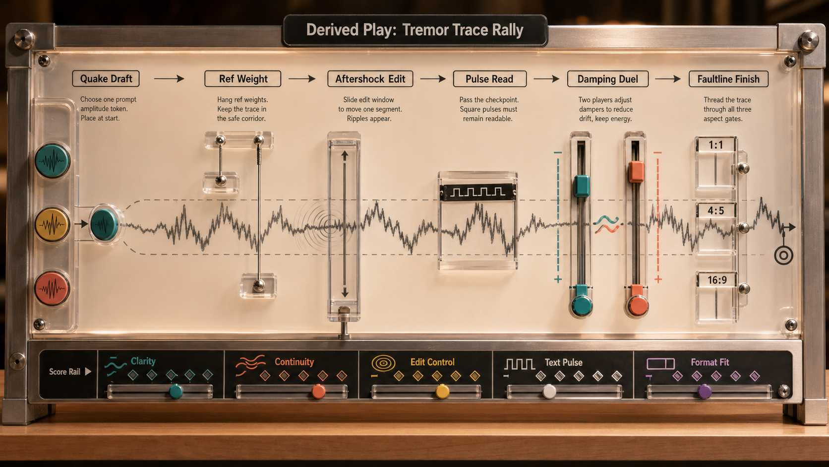 Transparent seismograph race wall for a Tremor Trace Rally derived GPT Image 2 play mechanic
