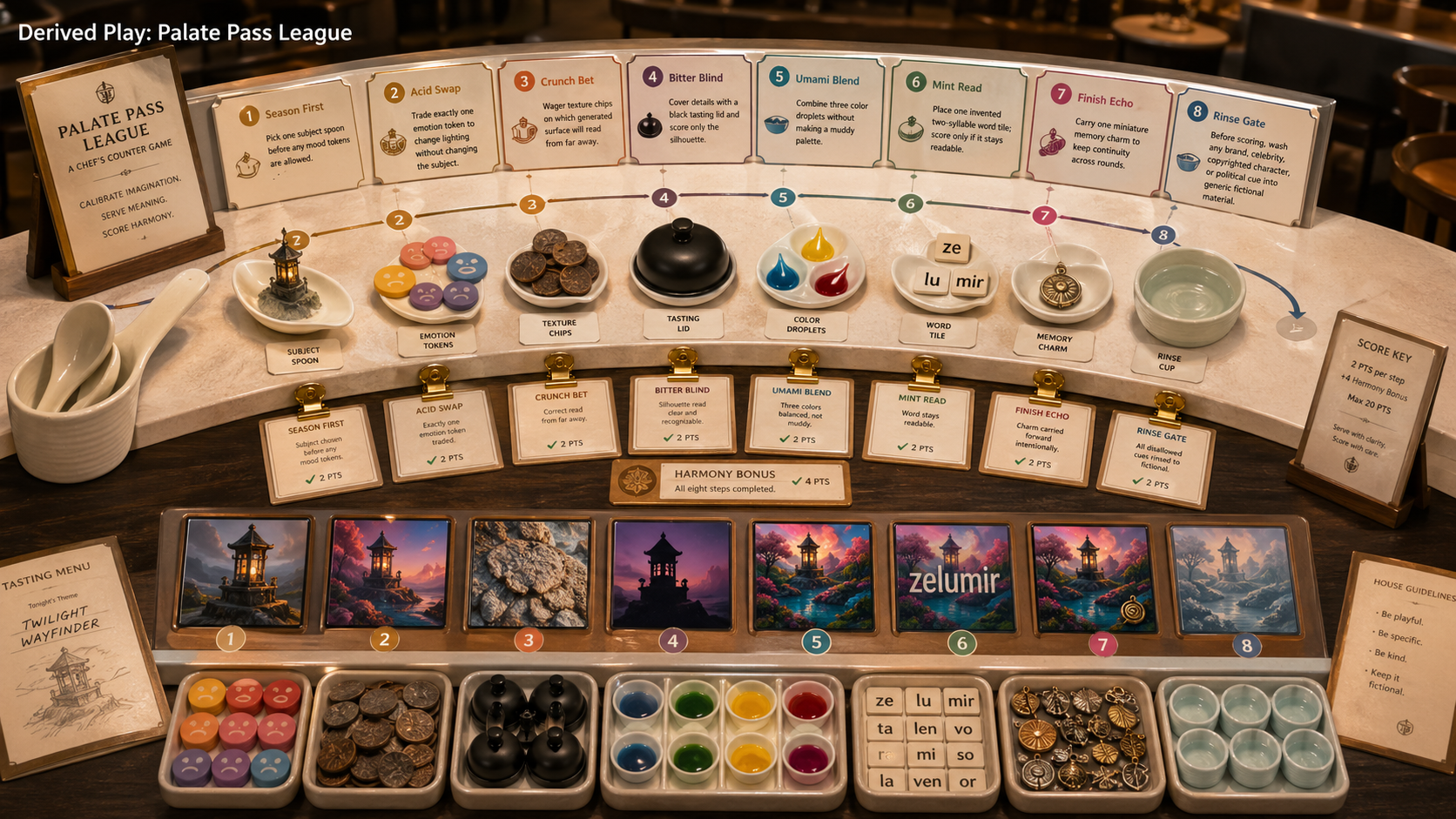 Playable chef counter tasting game for Palate Pass League derived GPT Image 2 prompt mechanics
