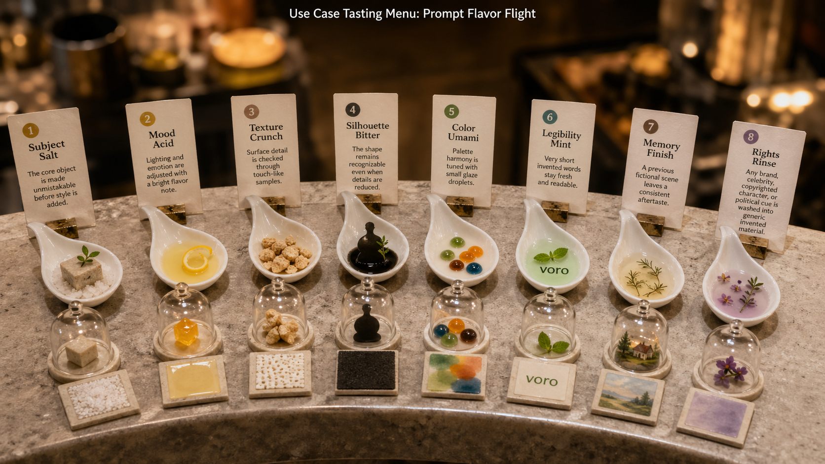 Crescent chef counter with tasting spoons visualizing Prompt Flavor Flight GPT Image 2 use cases