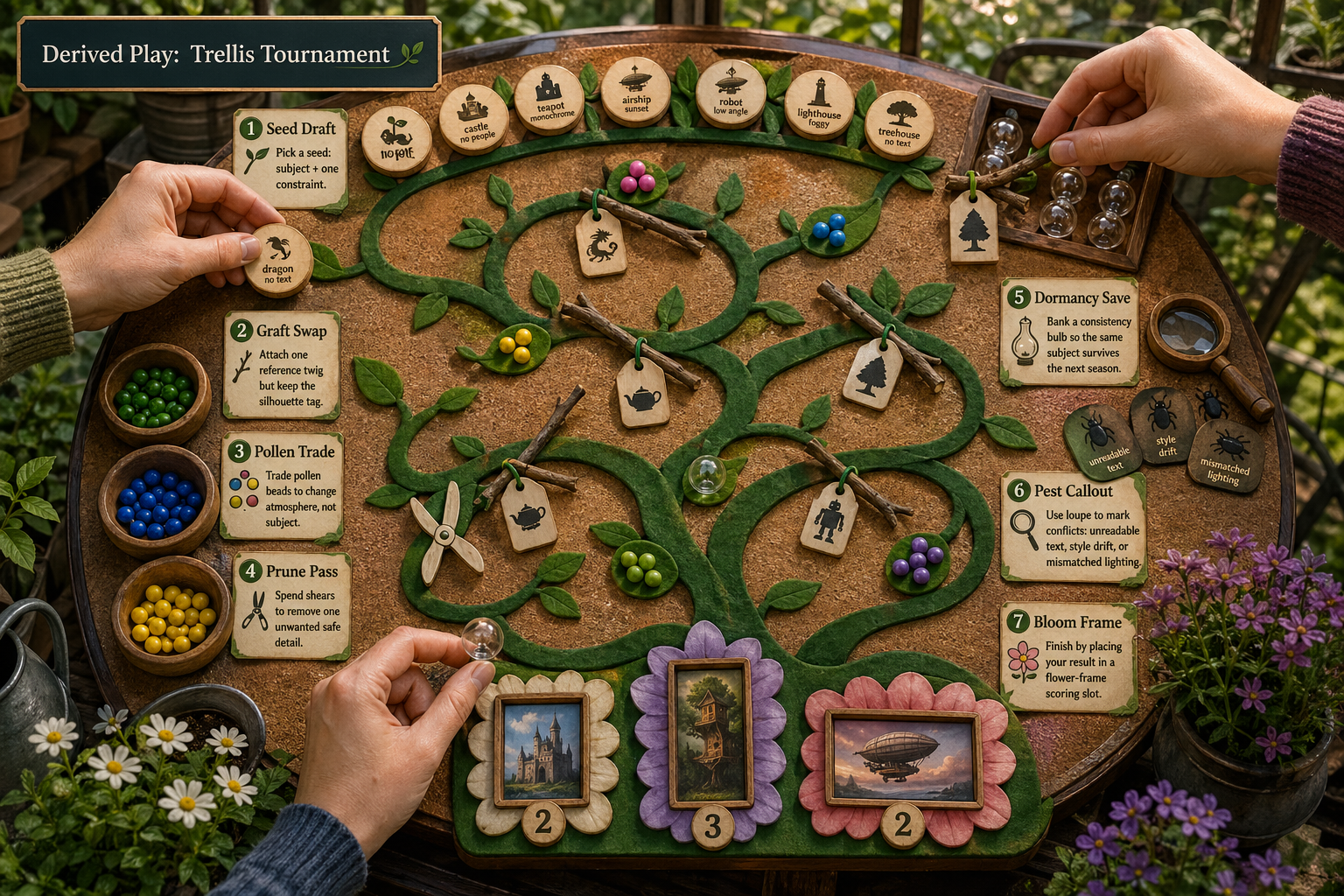 Overhead greenhouse tabletop game called Trellis Tournament with branching vine paths, seed tokens, pollen beads, shears, loupes, and scoring blossoms