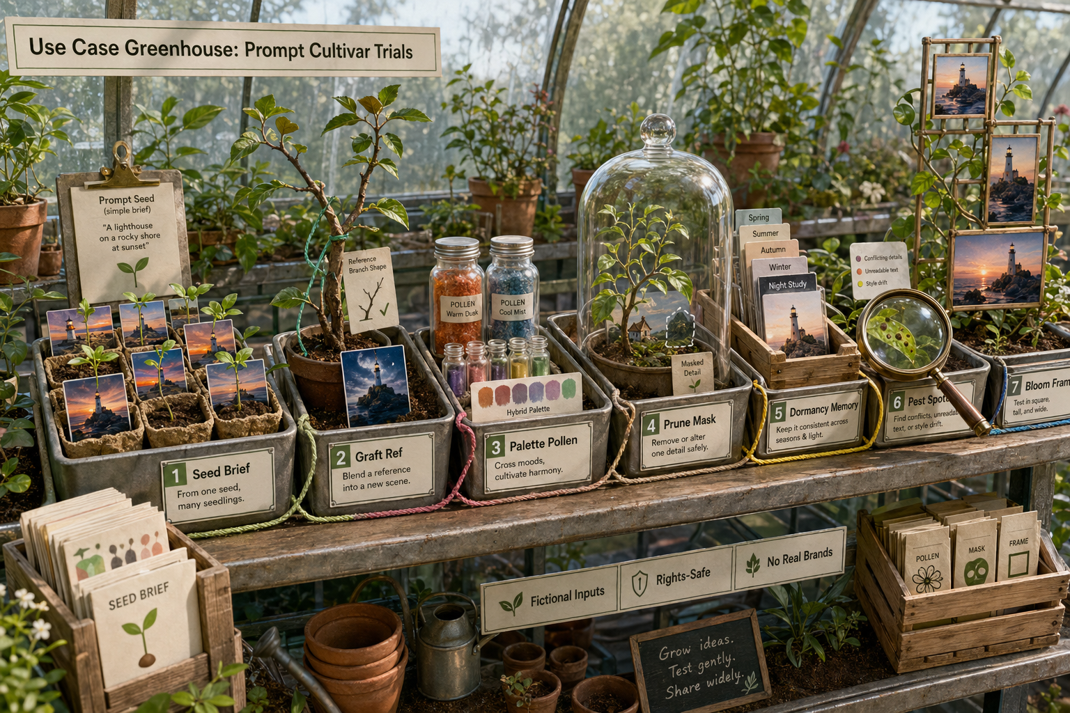 Continuous greenhouse propagation bench showing Prompt Cultivar Trials GPT Image 2 use cases with specimen trays and safety labels