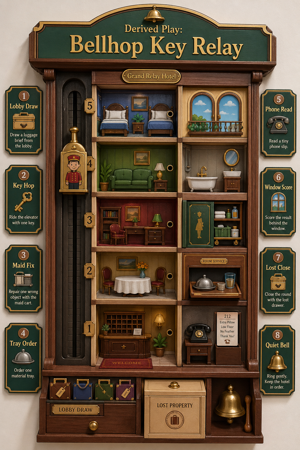Magnetic dollhouse hotel cabinet game Bellhop Key Relay with elevator token and room keys