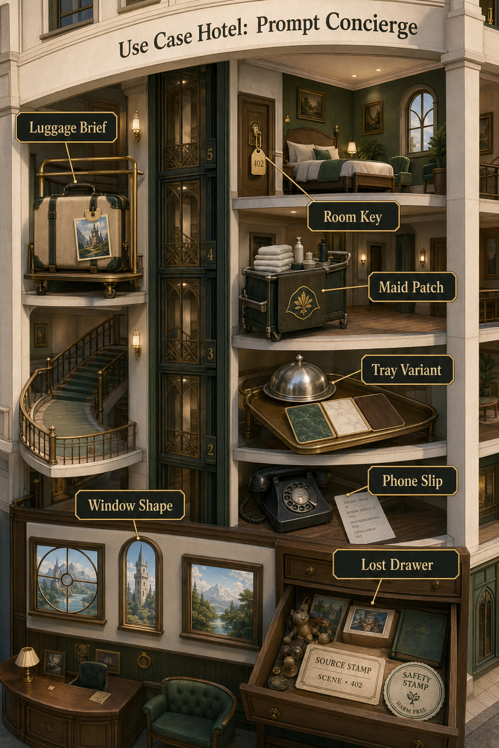 Vertical boutique hotel cutaway for Prompt Concierge GPT Image 2 use cases