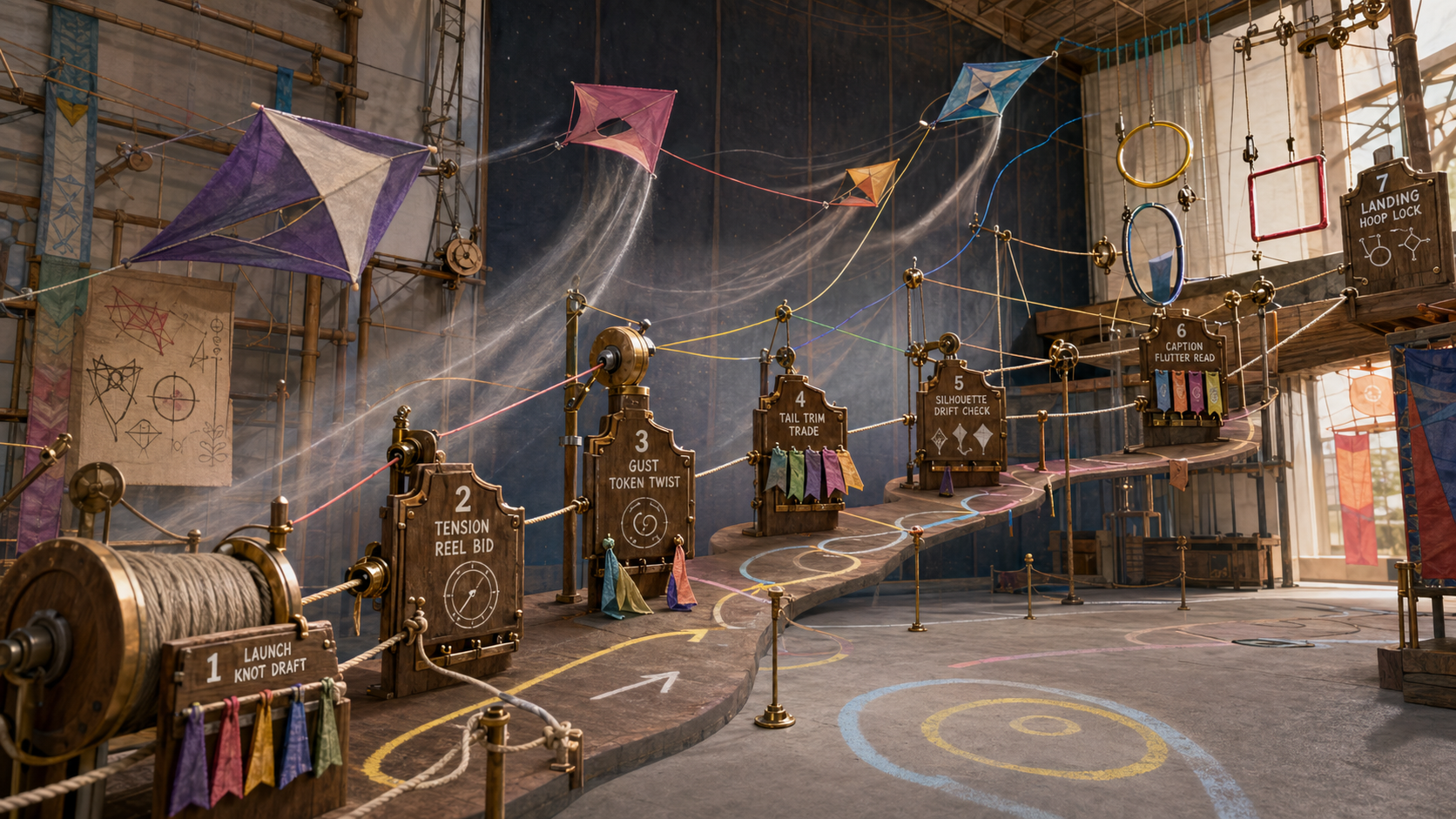 Kinetic kite line route game with reels, airflow lanes, checkpoints, and landing hoops