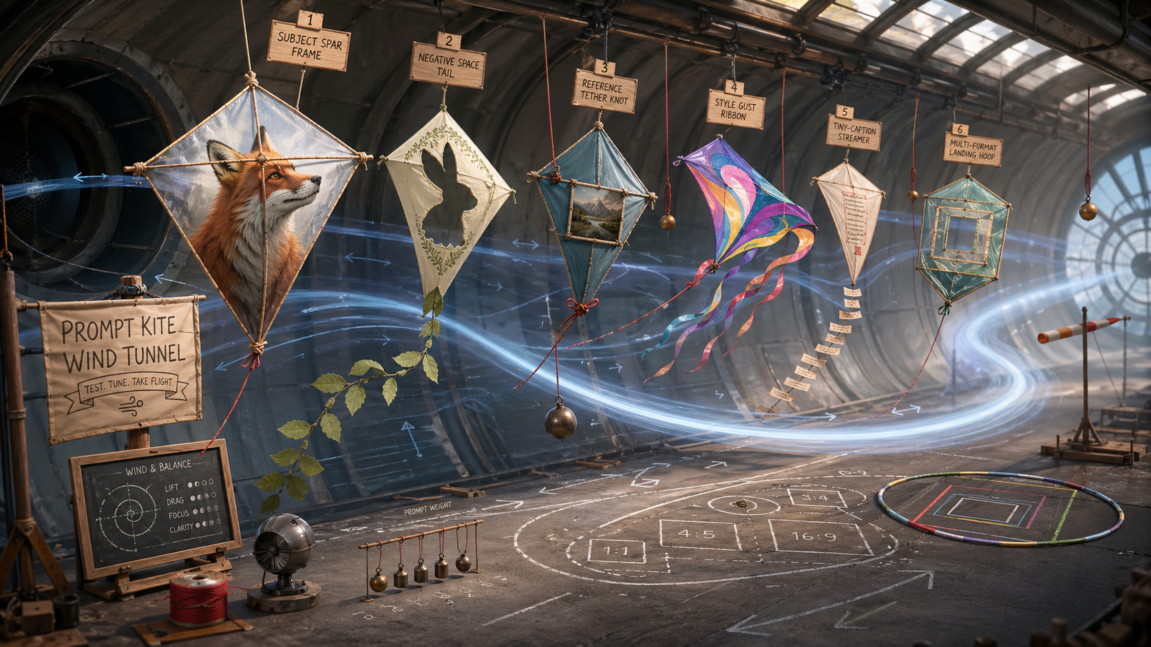 Indoor wind tunnel with handmade kites testing GPT Image 2 prompt balance and format landing