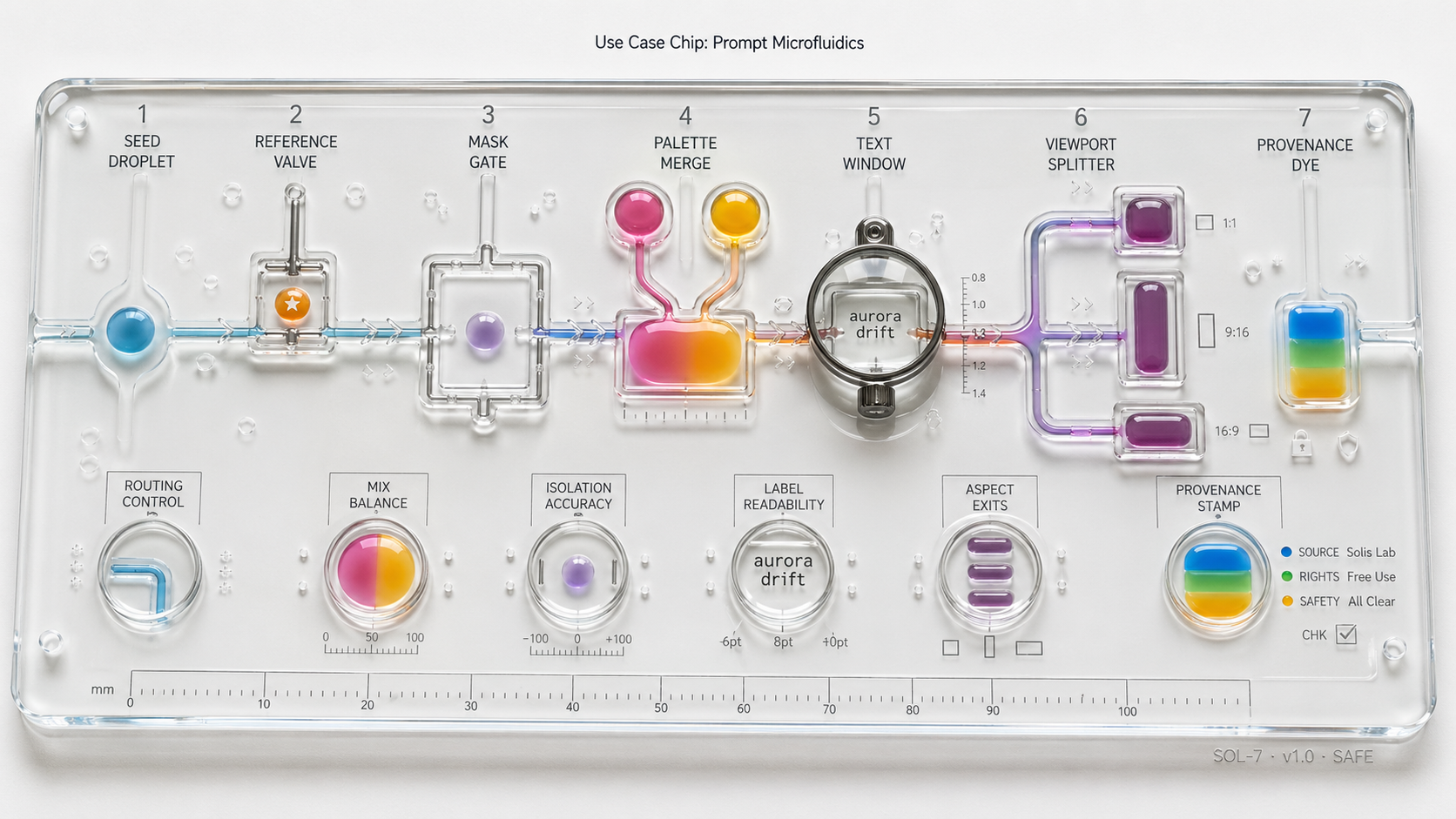 Transparent microfluidic chip routing colored prompt droplets through GPT Image 2 use-case test stations
