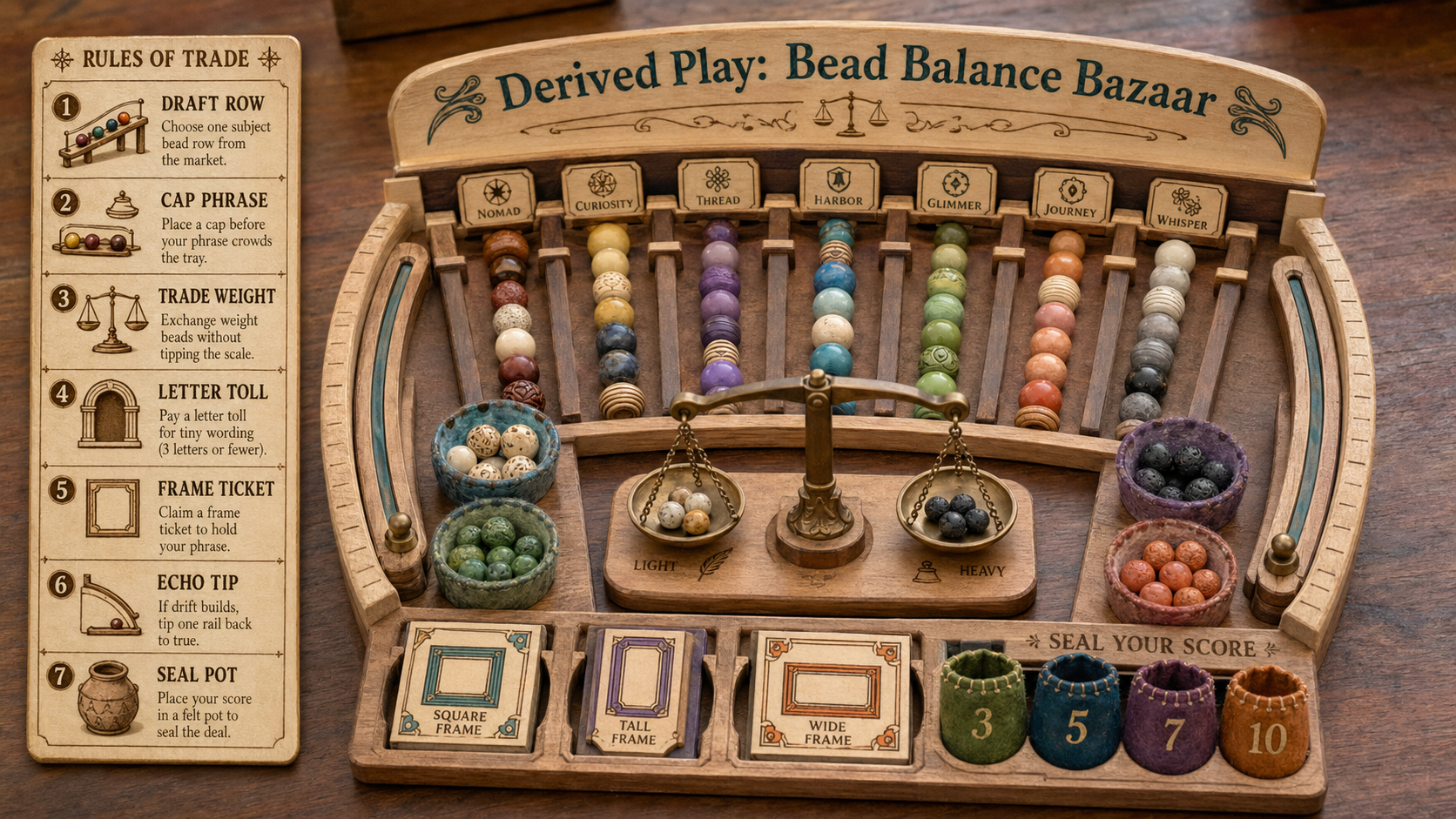 Semicircular handcrafted bead balance game with tilting rails, frame tickets, and sealed score cups