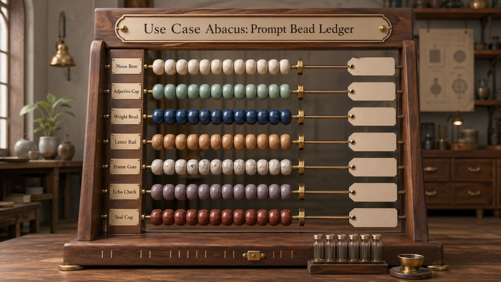 Oversized studio abacus for balancing fictional GPT Image 2 prompt decisions with labeled bead rails