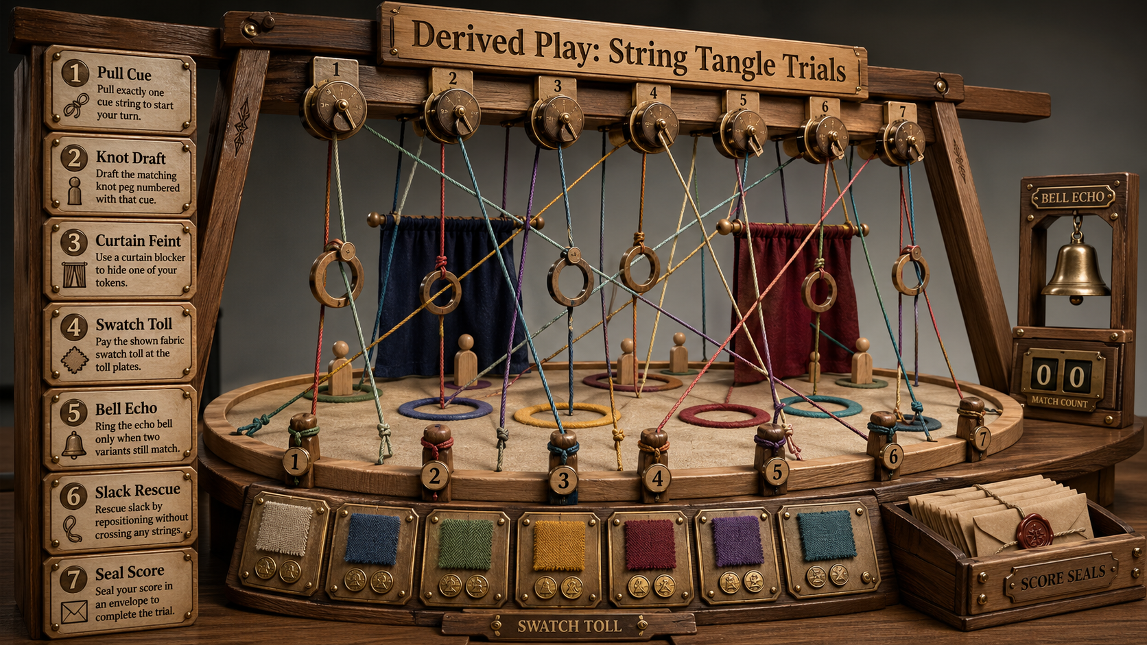 Hanging string dexterity game with tension dials, ring gates, curtains, swatch tolls, bell echo counter, and score seal envelopes