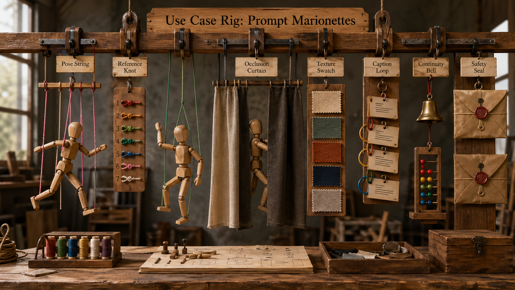 Suspended wooden marionette prompt rig with pulley labels for pose, reference knots, occlusion curtains, fabric swatches, captions, continuity, and safety sealing
