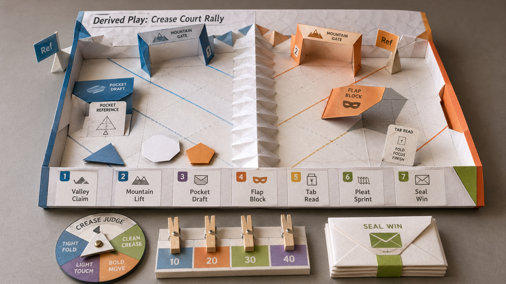 Handmade cardstock folding-rule court with crease lanes, pop-up gates, pocket draft area, flap block, tab read card, pleat sprint, and seal envelopes