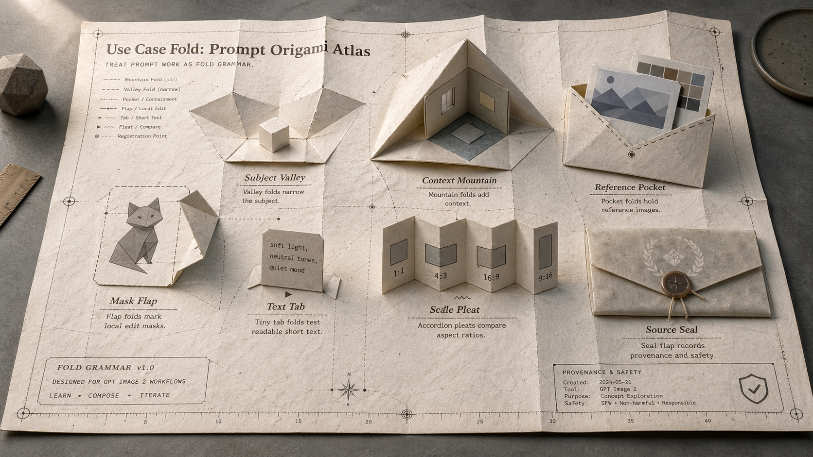 Oversized origami crease-map sheet with pop-up prompt islands, reference pocket, mask flap, text tab, scale pleat, and source seal