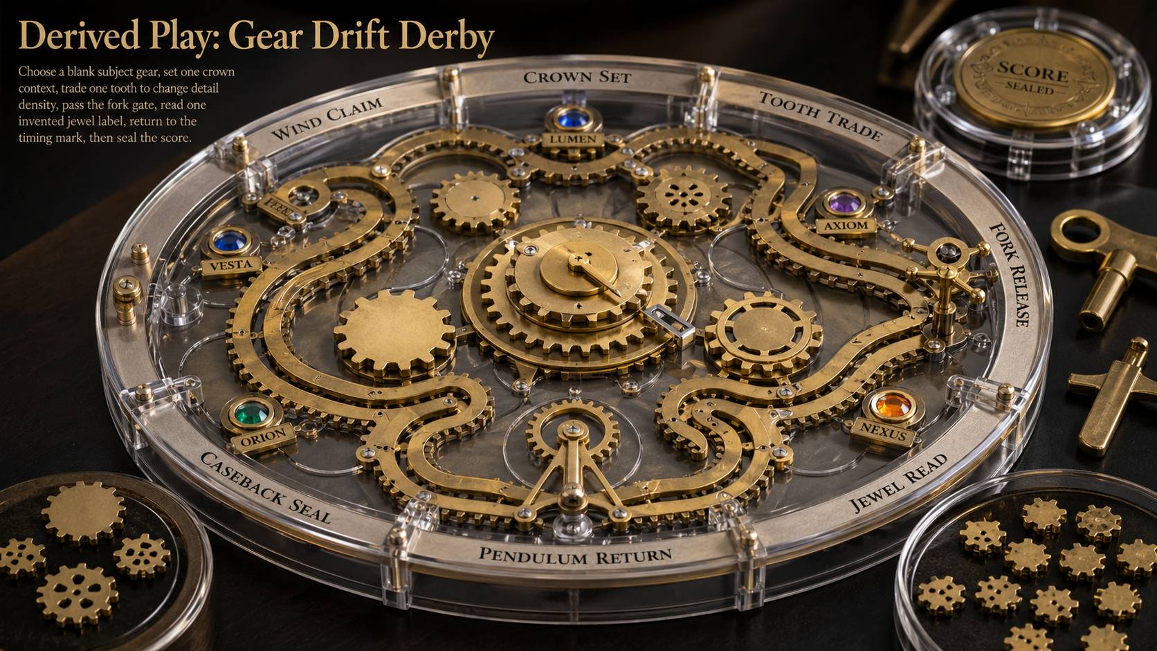 Circular transparent clockwork derby tray with gear lanes, winding keys, tooth tokens, escapement fork gates, jewel checkpoints, timing clips, drift wedges, and score casebacks