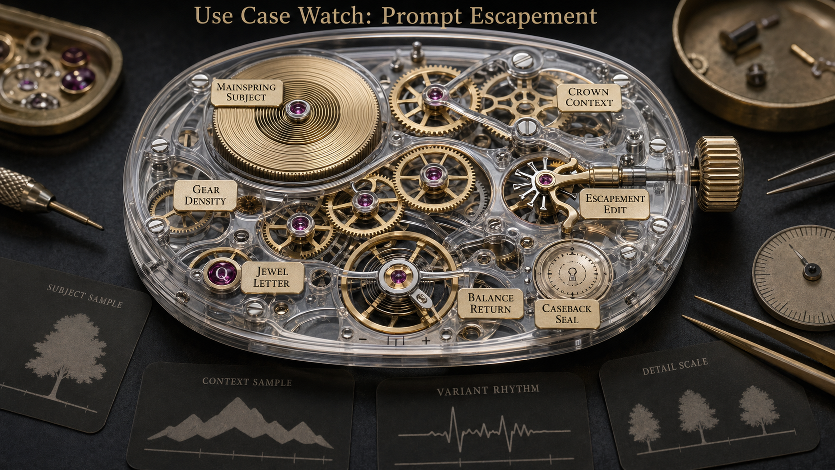 Transparent mechanical watch movement for Prompt Escapement with mainspring, crown, gear density, escapement fork, jewel letter, balance return, and caseback seal
