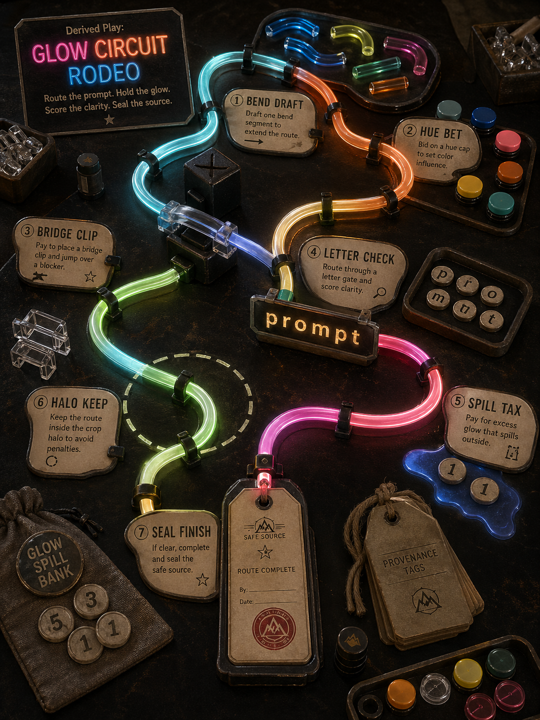 Dark tabletop prototype with modular unpowered glowing acrylic tube route, bend pieces, hue caps, bridge clips, crop rings, letter checks, and source tags