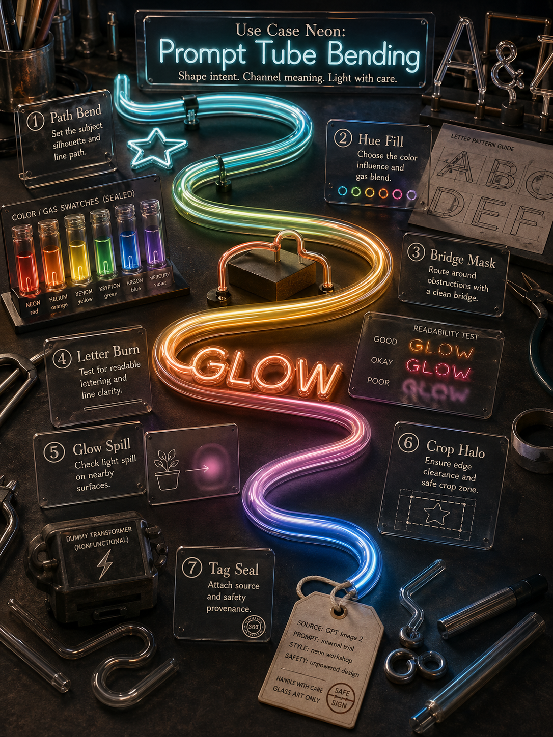 Fictional neon workshop bench with one continuous glowing tube path, acrylic tracing plates, hue samples, bridge masks, crop halos, and provenance tags