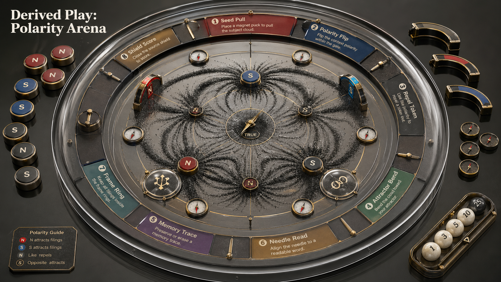 Sealed circular magnetic strategy arena under glass with graphite filing arcs, compass needles, polarity gates, frame rings, source shields, and score capsules