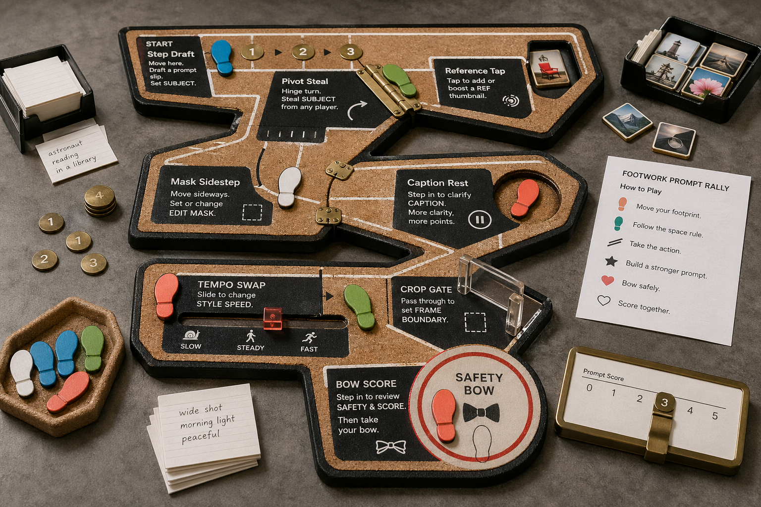 Irregular cork rehearsal mat game with colored footprint tokens, beat counters, pivot hinges, caption rest, tempo slider, crop gate, and safety bow score pad