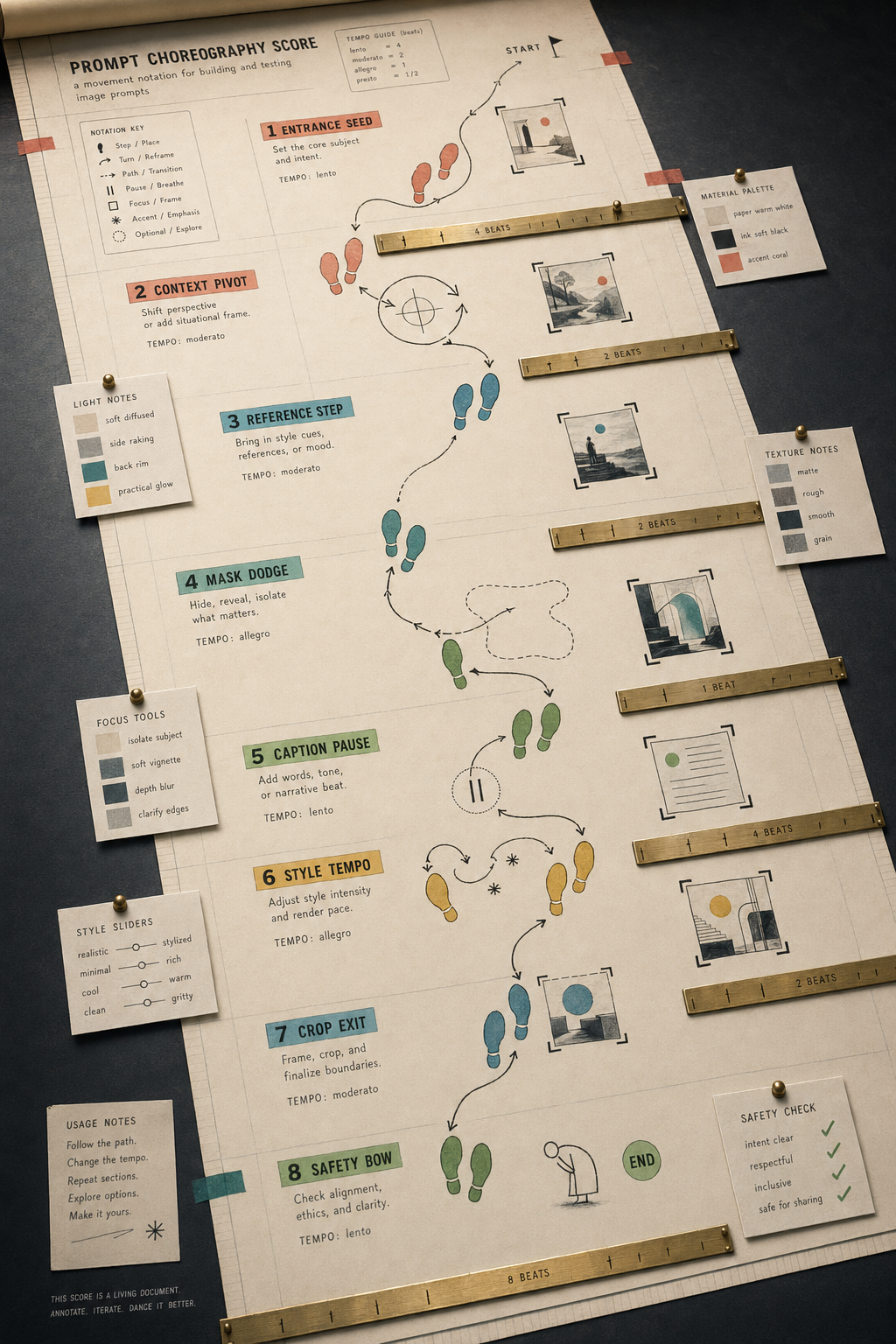 Long continuous prompt choreography floor-score sheet with colored footprints, brass timing bars, arrows, crop frames, thumbnails, swatches, and safety check notes