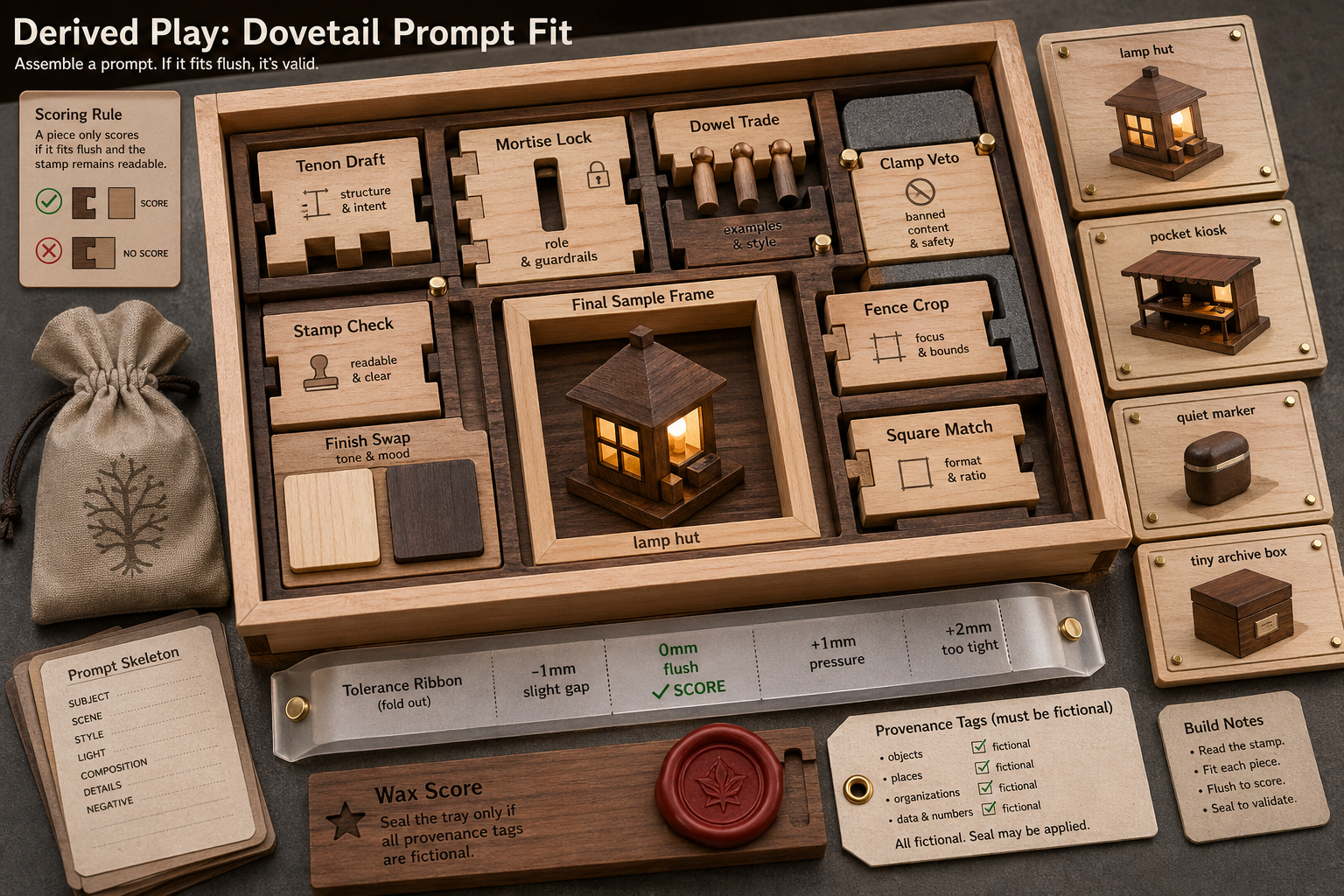 Diagonal exploded-view wooden tray prototype with dovetail sliders, model blocks, clamp pads, crop fences, finish swatches, tiny fictional output plaques, and wax scoring token