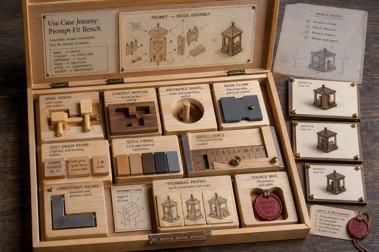 Open miniature maple joinery sample case with mortise and tenon blocks, dovetail slices, soft clamp pads, crop fences, label stamps, tiny output plaques, and wax source tags