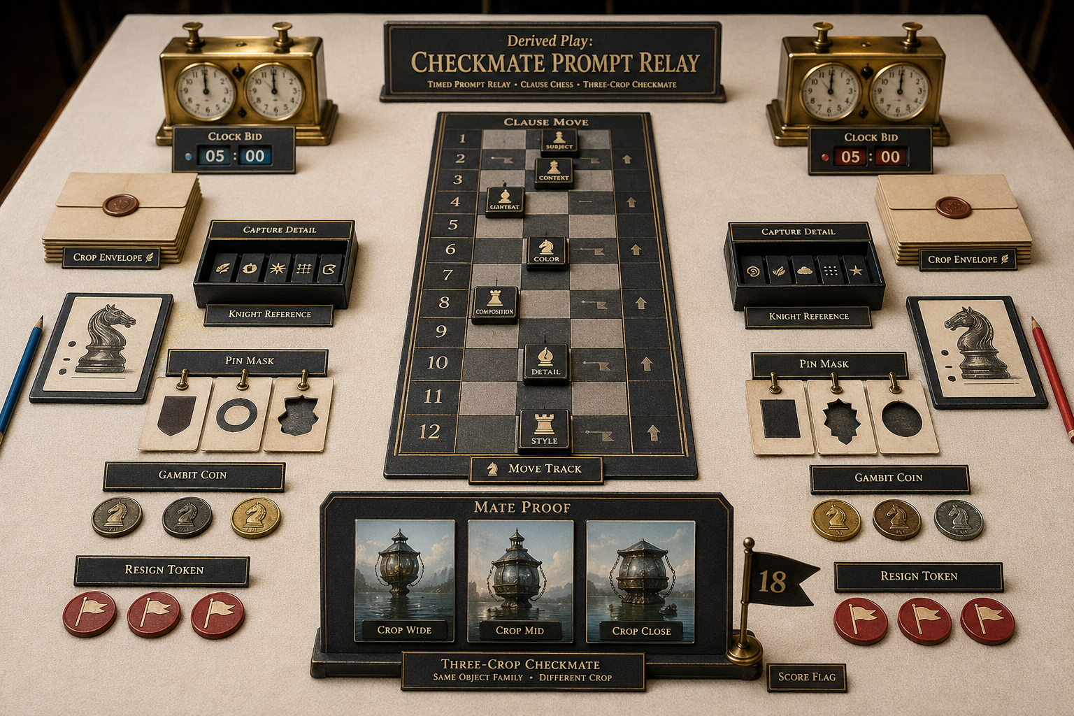 Head-to-head chess prompt relay game with two chess clocks, move track board, clause tiles, crop envelopes, knight reference cards, pin masks, gambit coins, resign tokens, and mate proof cards