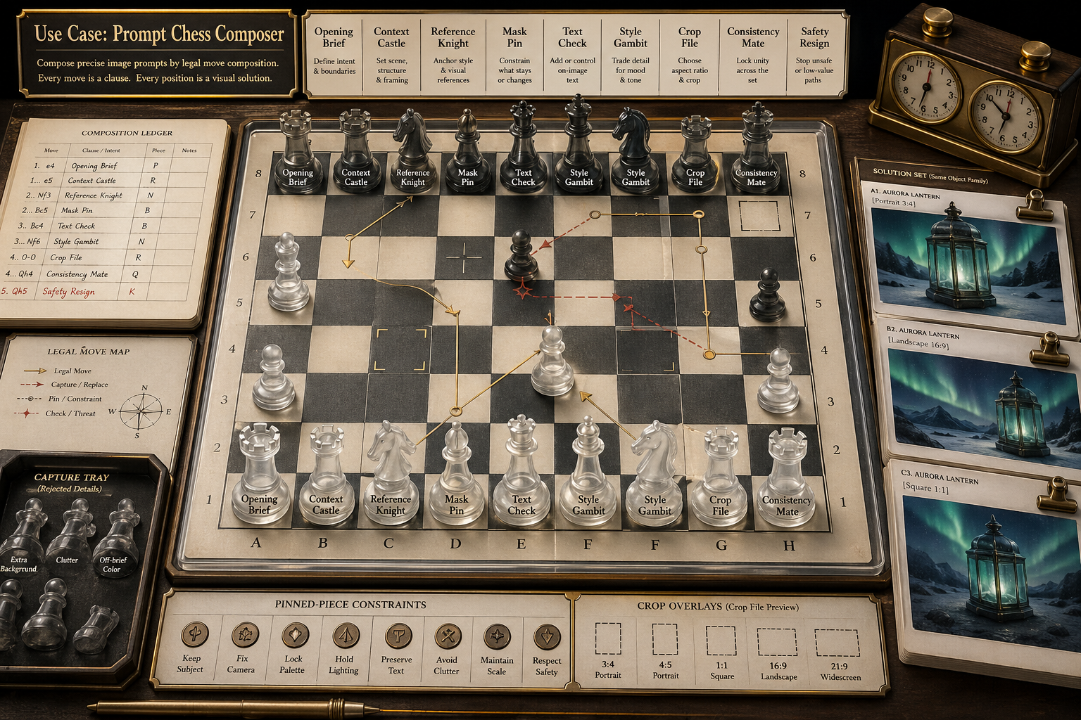 Elegant chess-problem prompt workstation with engraved translucent pieces, move ledger, chess clock, crop overlays, capture tray, legal-move arrows, and fictional solution cards