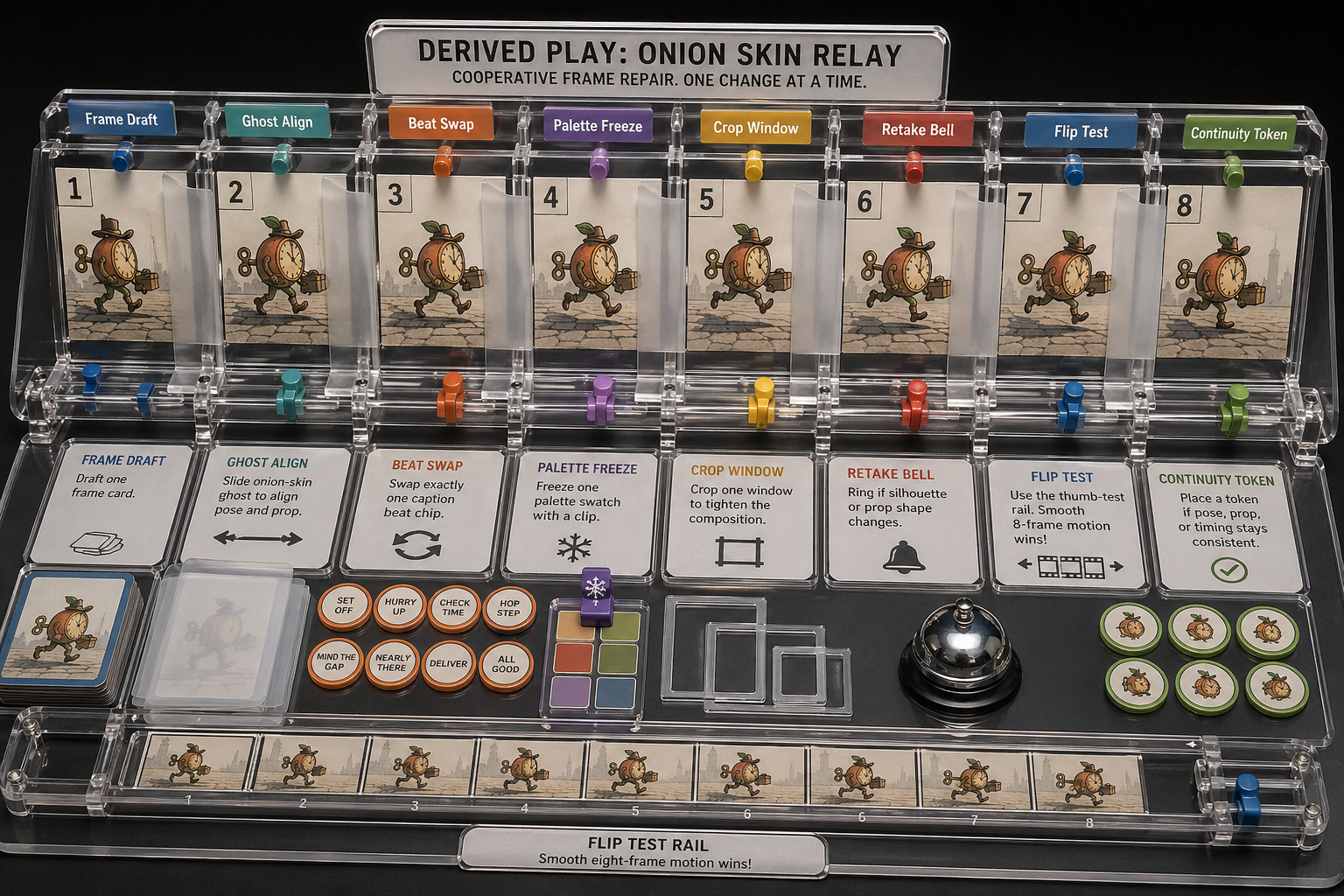Transparent tabletop relay rig with upright frame cards, vellum ghost layers, alignment pegs, caption beat chips, palette freeze clips, crop windows, retake bell, continuity tokens, and thumb-test rail