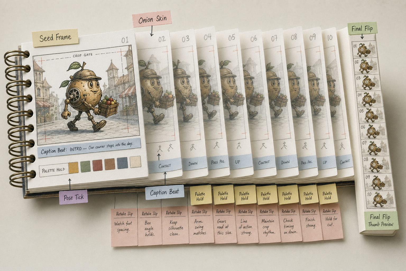 Fan-open spiral flipbook with sequential invented character frames, vellum onion-skin overlays, pose ticks, crop windows, caption beats, palette tabs, retake slips, and a final flip preview strip