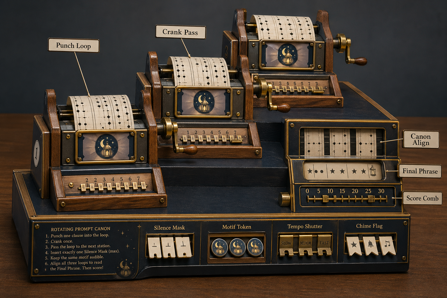 Three staggered hand-cranked pin-roll stations with punched paper loops, silence mask tabs, motif tokens, tempo shutters, chime flags, canon align window, final phrase verifier, and score comb