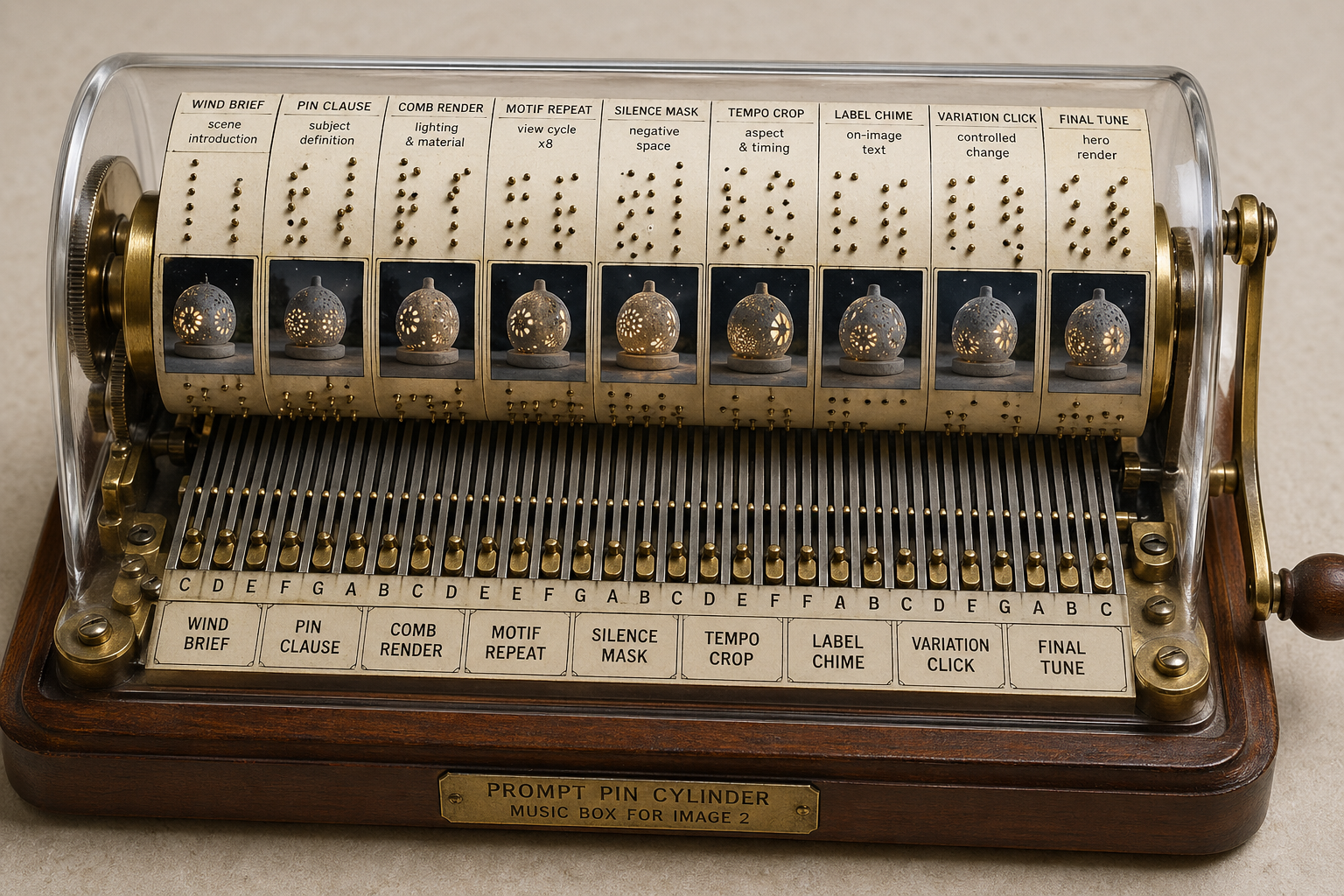 Transparent hand-cranked music-box prompt instrument with brass pin cylinder, punched paper prompt roll, comb tines, repeating fictional moon-lantern thumbnails, and labeled image-control sections