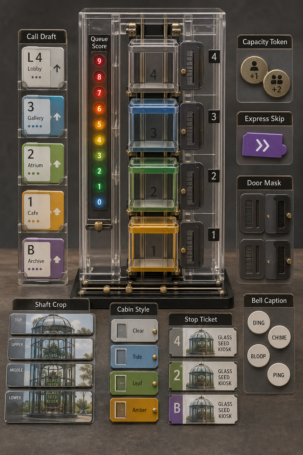 Vertical transparent elevator-queue puzzle with sliding glass cars, floor-call cards, capacity tokens, express skip tab, door masks, bell caption chips, shaft crop rails, cabin style swatches, stop tickets, and queue score counter