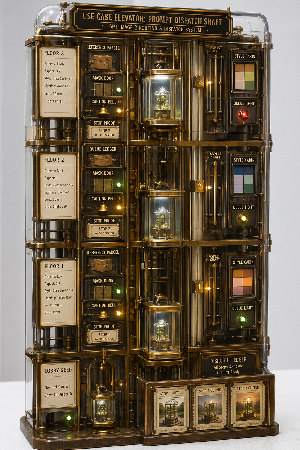 Tall transparent miniature elevator-dispatch cabinet with glass cars, call cards, queue lights, mask doors, caption bells, style swatches, stop-proof tickets, and dispatch ledger