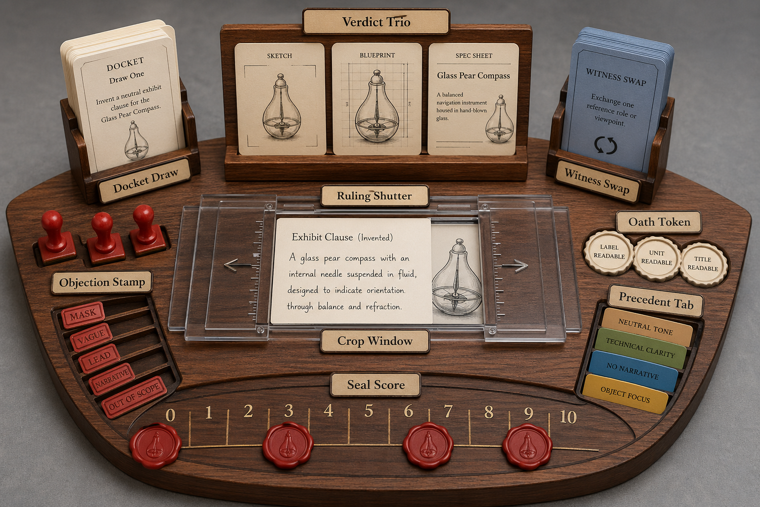 Compact tabletop objection drafting game with docket cards, witness swaps, objection stamps, ruling shutters, oath tokens, precedent tabs, verdict trio stand, and seal score track