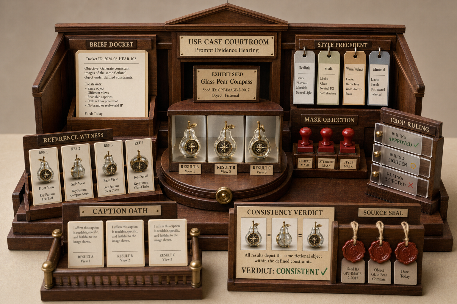 Miniature fictional courtroom evidence theater with exhibit turntable, witness cards, objection stamps, ruling shutters, caption oath slips, precedent swatches, verdict thumbnails, and source seals