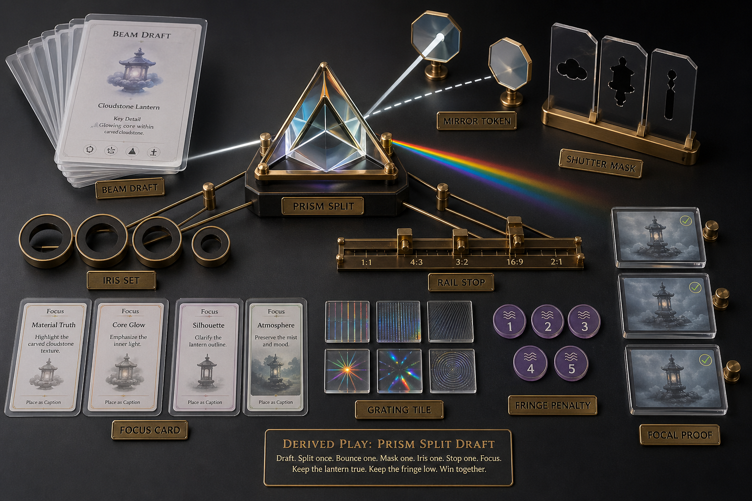 Compact cooperative optics drafting game with prism hub, beam cards, mirror tokens, shutter masks, iris rings, rail-stop gauges, focus cards, grating tiles, fringe penalty chips, and focal proof plaques