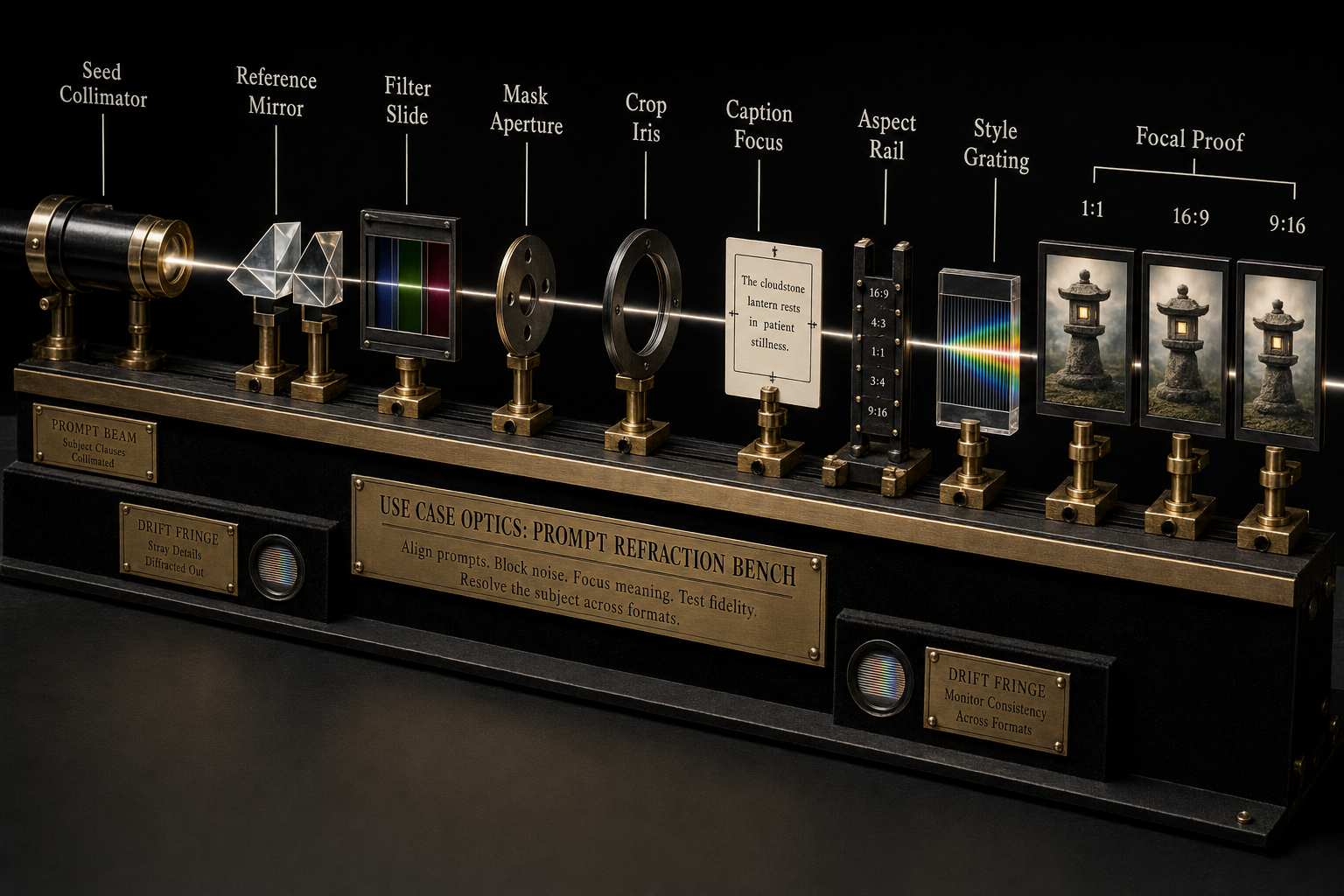 Long tabletop optical-bench prompt apparatus with seed collimator, reference mirrors, filter slides, aperture masks, crop iris rings, caption focus cards, aspect rail stops, style grating, focal proof plaques, and drift fringe labels