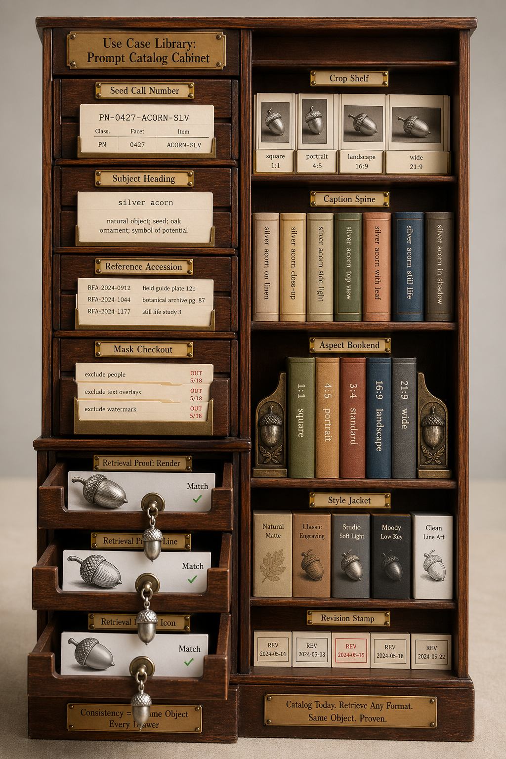 Tall miniature library catalog cabinet and bookcase with call-number cards, subject headings, accession slips, checkout pockets, crop shelf windows, caption spine labels, aspect bookends, style jackets, revision stamps, and retrieval proof drawers