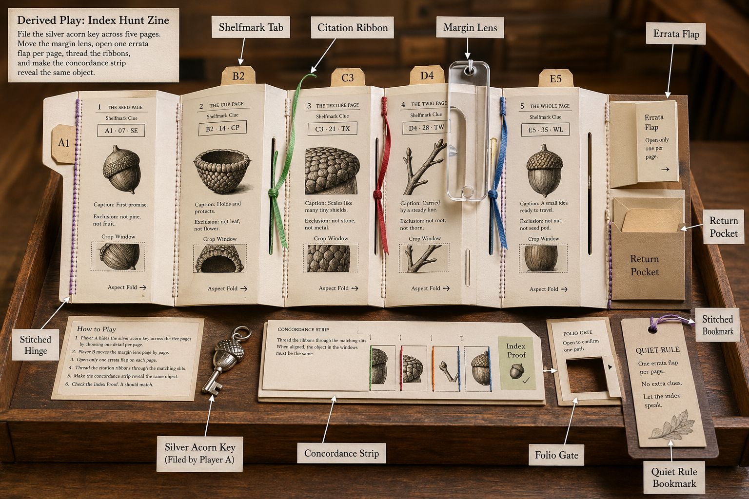 Accordion-fold library zine in a reading tray with shelfmark tabs, citation ribbons, margin lens bookmark, return pocket, errata flaps, concordance strip, folio gate windows, quiet rule bookmark, and index proof