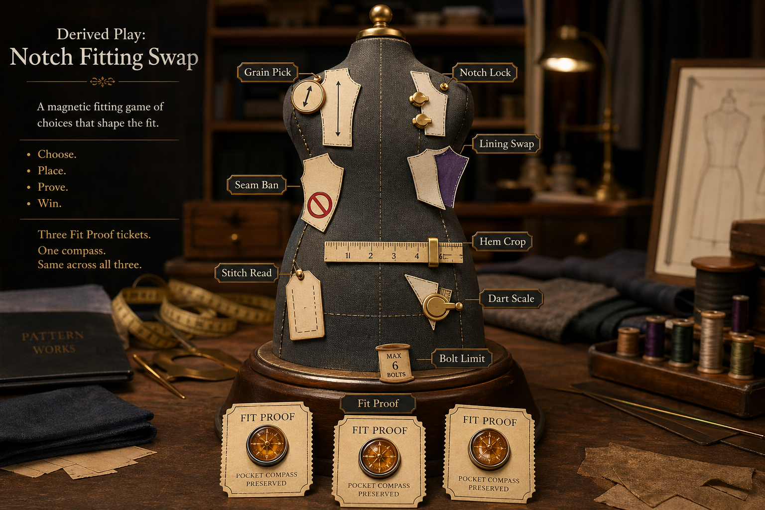 Magnetic tailor fitting game with curved dress-form stand, paper pattern pieces, notch locks, lining swatches, seam ban tape, hem crop ruler, stitch read tags, dart scale clips, bolt limit rolls, and fit proof tickets