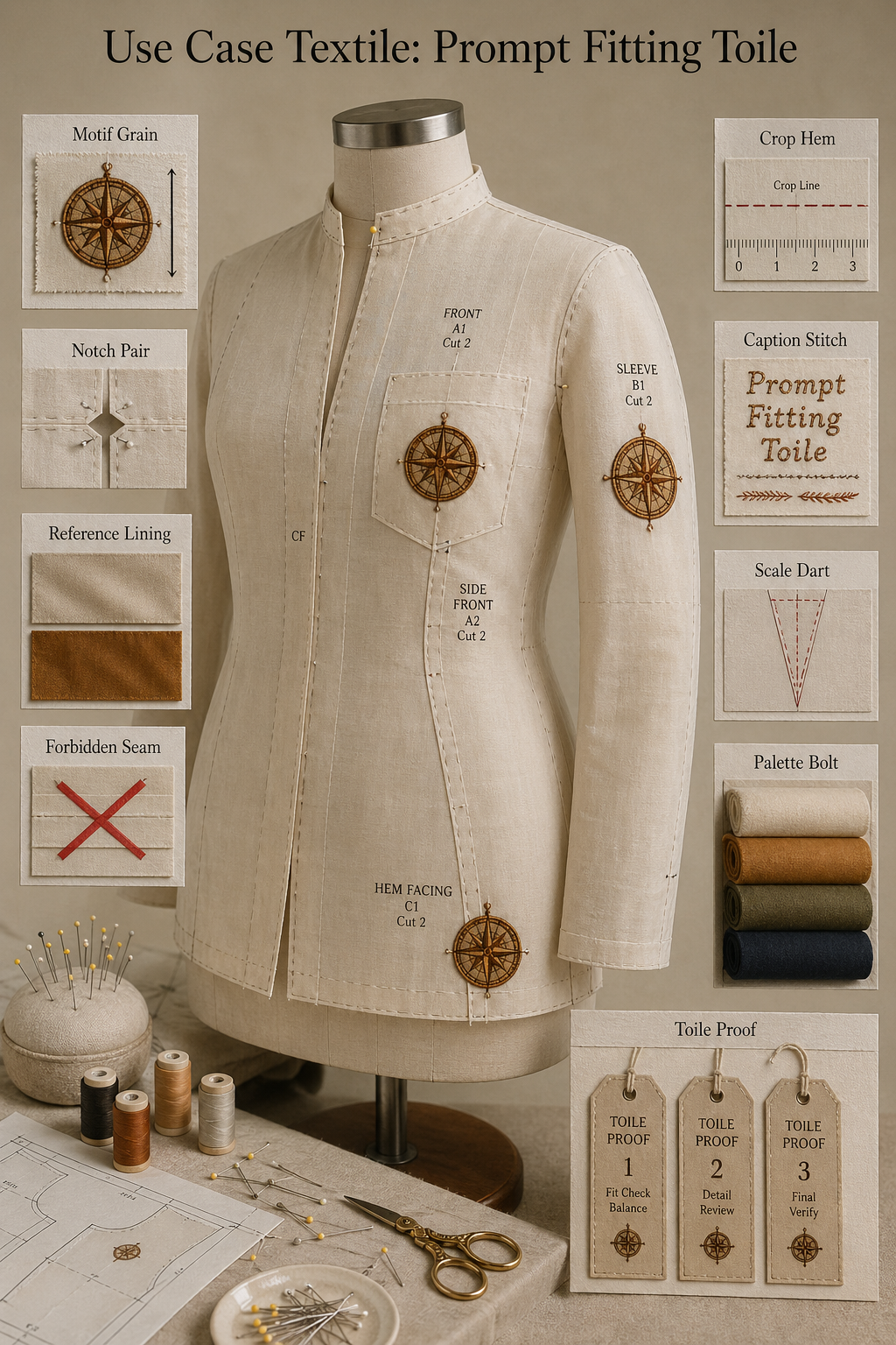 Transparent dress form wearing a prompt fitting toile with paper pattern pieces, paired notches, reference lining swatches, forbidden seam tape, crop hem gauge, caption stitches, scale darts, palette bolts, and proof tags